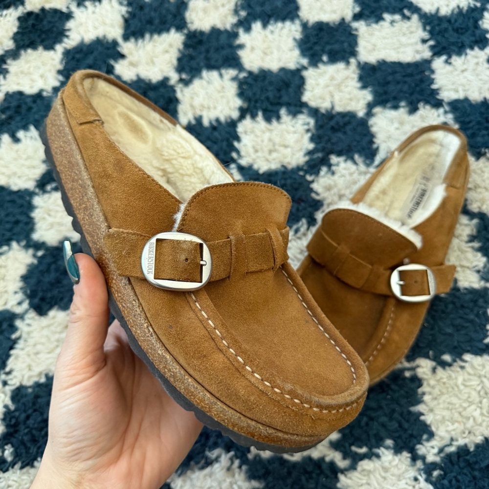 Birkenstock Brown Suede Shearling-Lined Clogs with Buckle